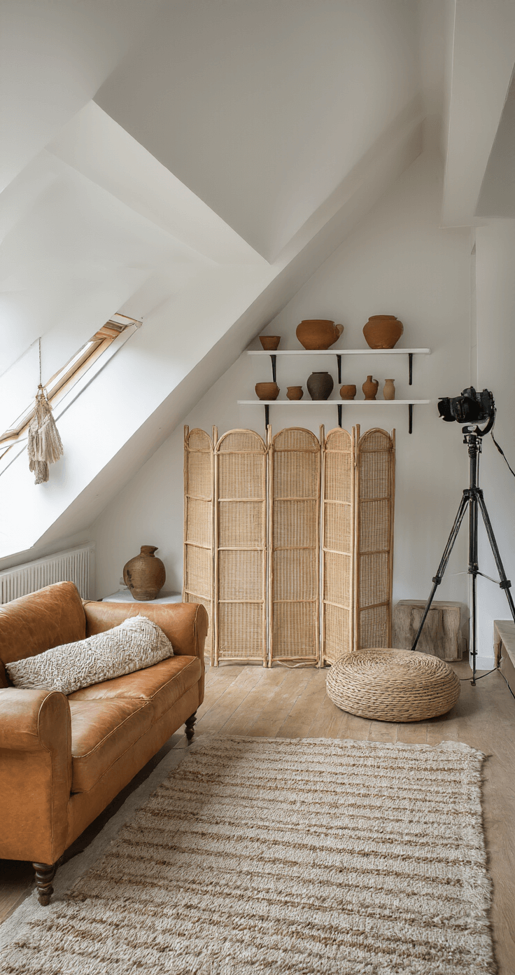 Open loft-achtige ruimte met witte visgraatvloer, cognackleurige leren loungestoel, aardetinten keramiek op planken, en een vintage rotan roomdivider die het licht filtert.