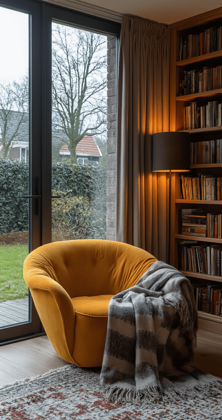 Knusse leeshoek bij schemering met een okergele fauteuil onder een eikenhouten boekenkast, dimbare wandlampen die warm licht werpen, en een handgeweven plaid in grijstinten met een rode ondertoon, vastgelegd met een close-up camera angle voor intimiteit.