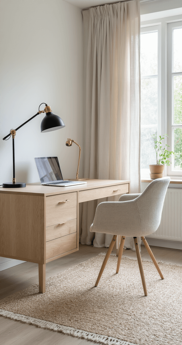 Moderne werkplek met een minimalistisch bureau in licht beukenhout, zwarte bureaulamp met messing details, linnen gordijnen en wollen vloerkleed, gefotografeerd in ochtenddaglicht.