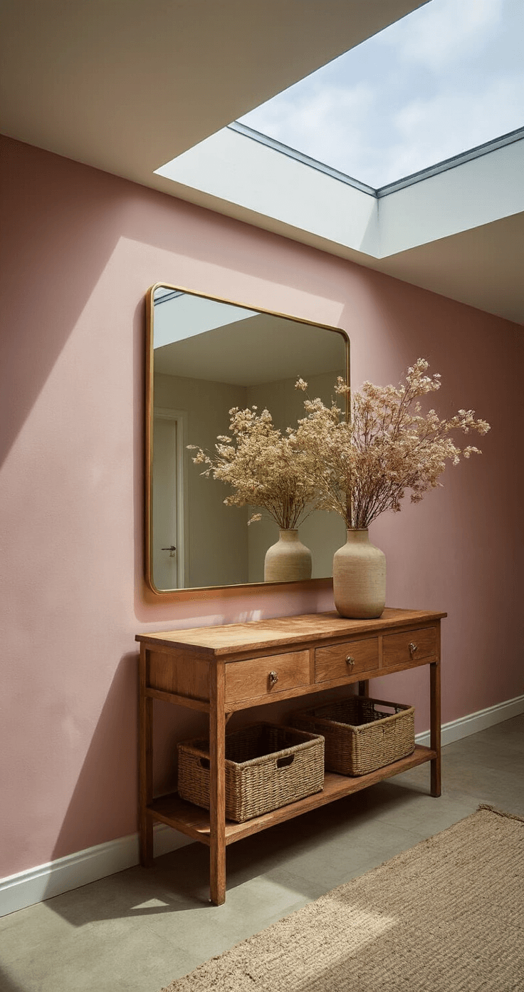 Ruime entree met grote spiegel in messing frame, rotan mand onder een walnoot sideboard en een natuurstenen vaas met droogbloemen. Poederroze accent muur en dramatische lichtval door het dakraam, gefotografeerd van bovenaf.