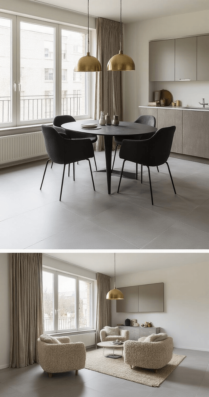 Moderne woonkamer met warmgrijze polyurethaan gietvloer, vouwdeuren voor natuurlijk licht, design eetkamertafel met zwarte stoelen, messing hanglampen, bouclé fauteuils en linnen gordijnen, keramische vazen, vanuit vogelperspectief met vloeiende overgang tussen keuken en woonruimte.