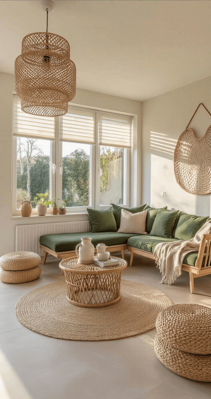 Scandinavische woonkamer van 5x6m met lichtbeige gietvloer, verlicht door warme zonsondergangsstralen. Een zachtgroene velours hoekbank en rotan accessoires zorgen voor een natuurlijke uitstraling, terwijl vloerverwarming zichtbaar is. Laag gepositioneerde camera maakt een dramatisch avondlicht door de vitrage zichtbaar. Styling met gedroogde pampasgrassen en handgeweven plaids.