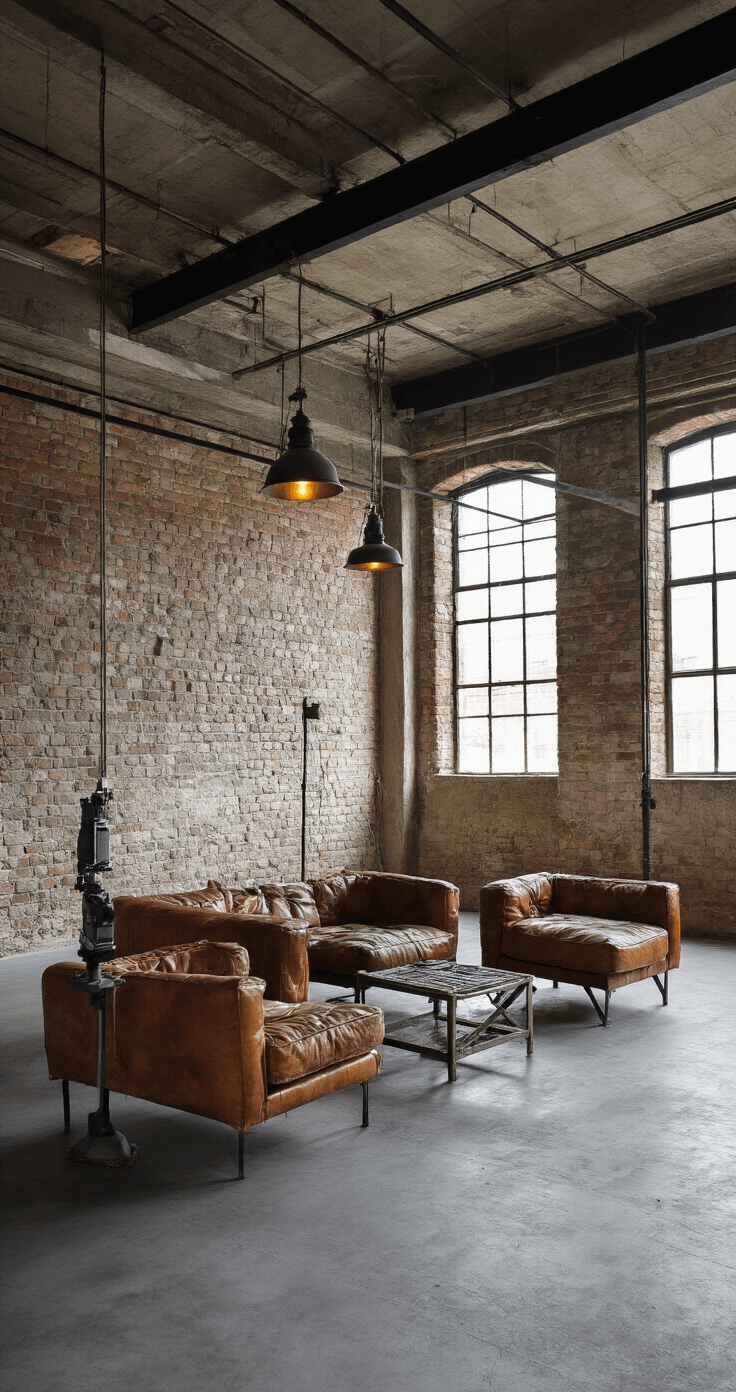 Industrieel loft met betonlook gietvloer, hoge plafondbalken, bakstenen muur, vintage leren fauteuils en metalen bijzettafels, verlicht door industriële hanglampen. Detailopname van vloerstructuur.