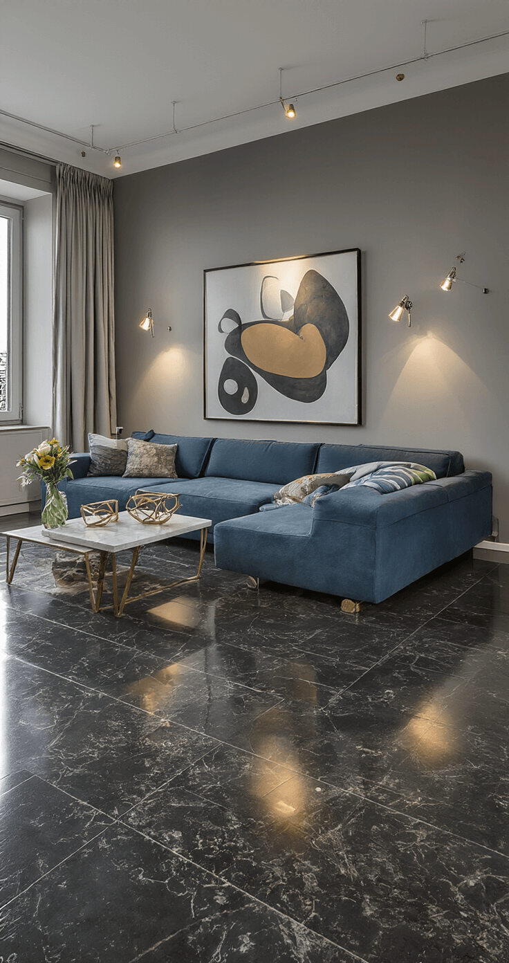 Moderne urban appartement van 4x7m met parelmoer gietvloer in RAL 9016, sfeervolle avondverlichting met dimbare LED-spots, nachtblauwe modulaire bank en messing details, abstracte kunst aan de muur, en een groothoekperspectief dat de ruimtelijke werking benadrukt.