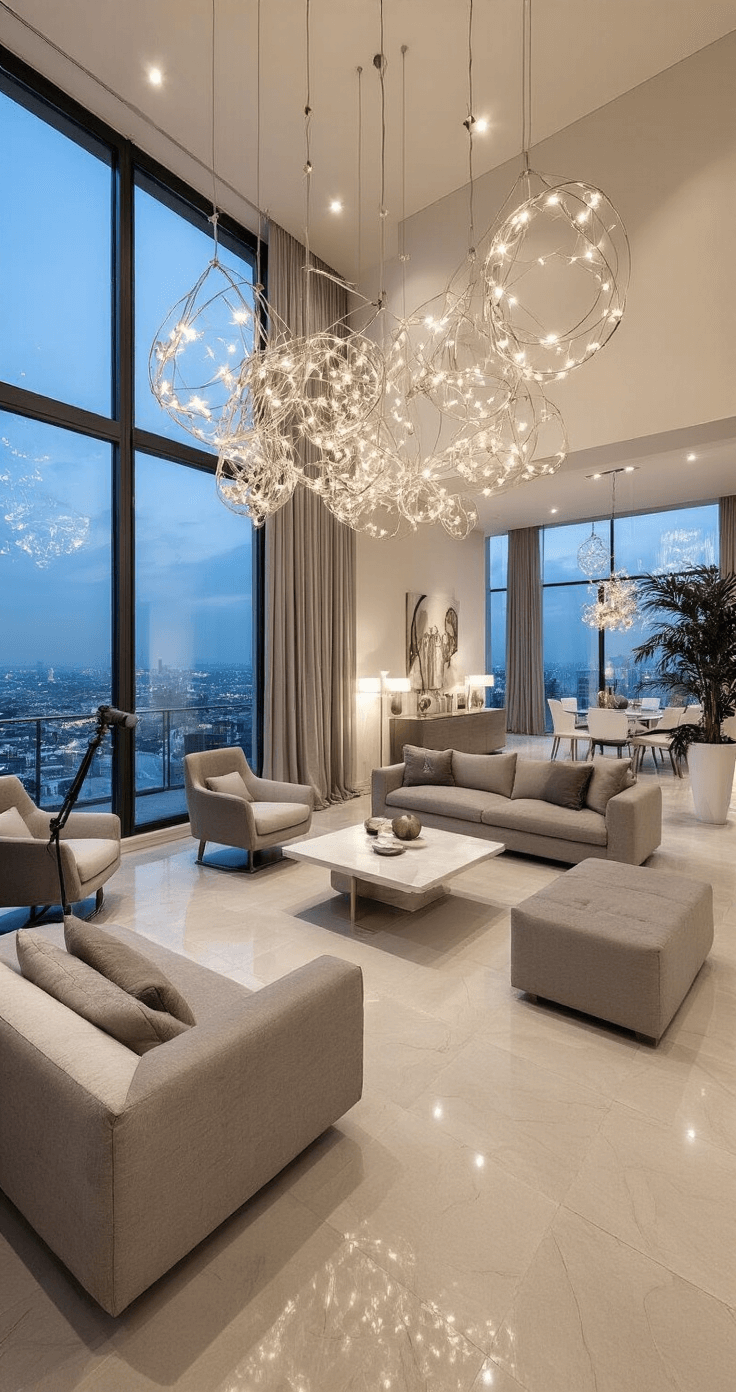 Luxe penthouse met taupe hoogglans gietvloer, dramatiche avondverlichting, Italiaanse designmeubels, zijden vloerkleden en kunstobjecten, met uitzicht op de skyline door glazen pui.