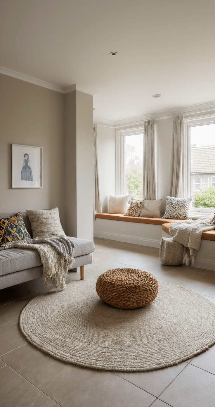 Gezinswoning met matte gietvloer in warmwit, ochtendzon door erker, comfortabele loungebank, speelse poefs, geïntegreerde kinderhoek, zachte texturen zoals wollen karpet en linnen gordijnen, ooghoogte perspectief, styling met familiefoto's en kleurrijke accenten.