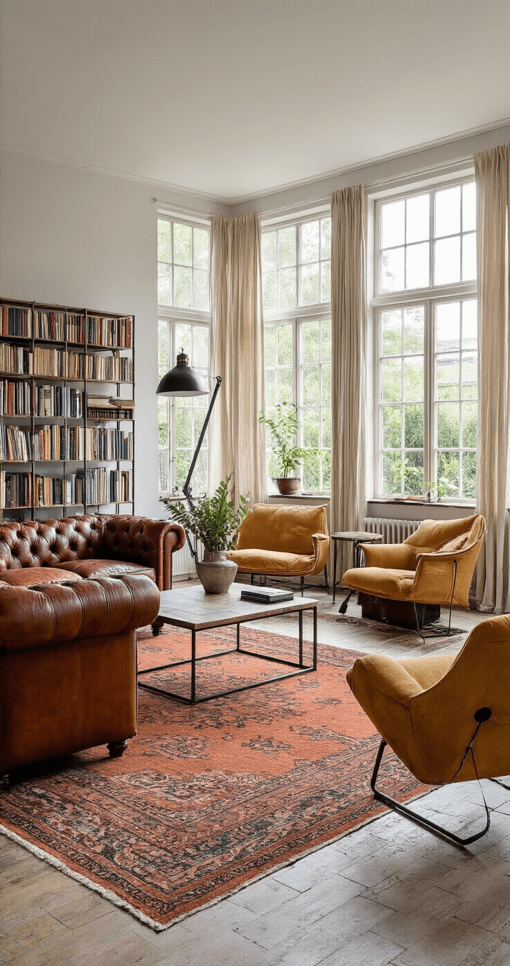 Ruime, lichte woonkamer met hoge plafonds en grote raampartijen, ingericht met een cognackleurige Chesterfield, mosterdgele Mid-century fauteuils, een terracotta Perzisch tapijt en een industriële boekenkast, gefotografeerd tijdens het gouden uur.