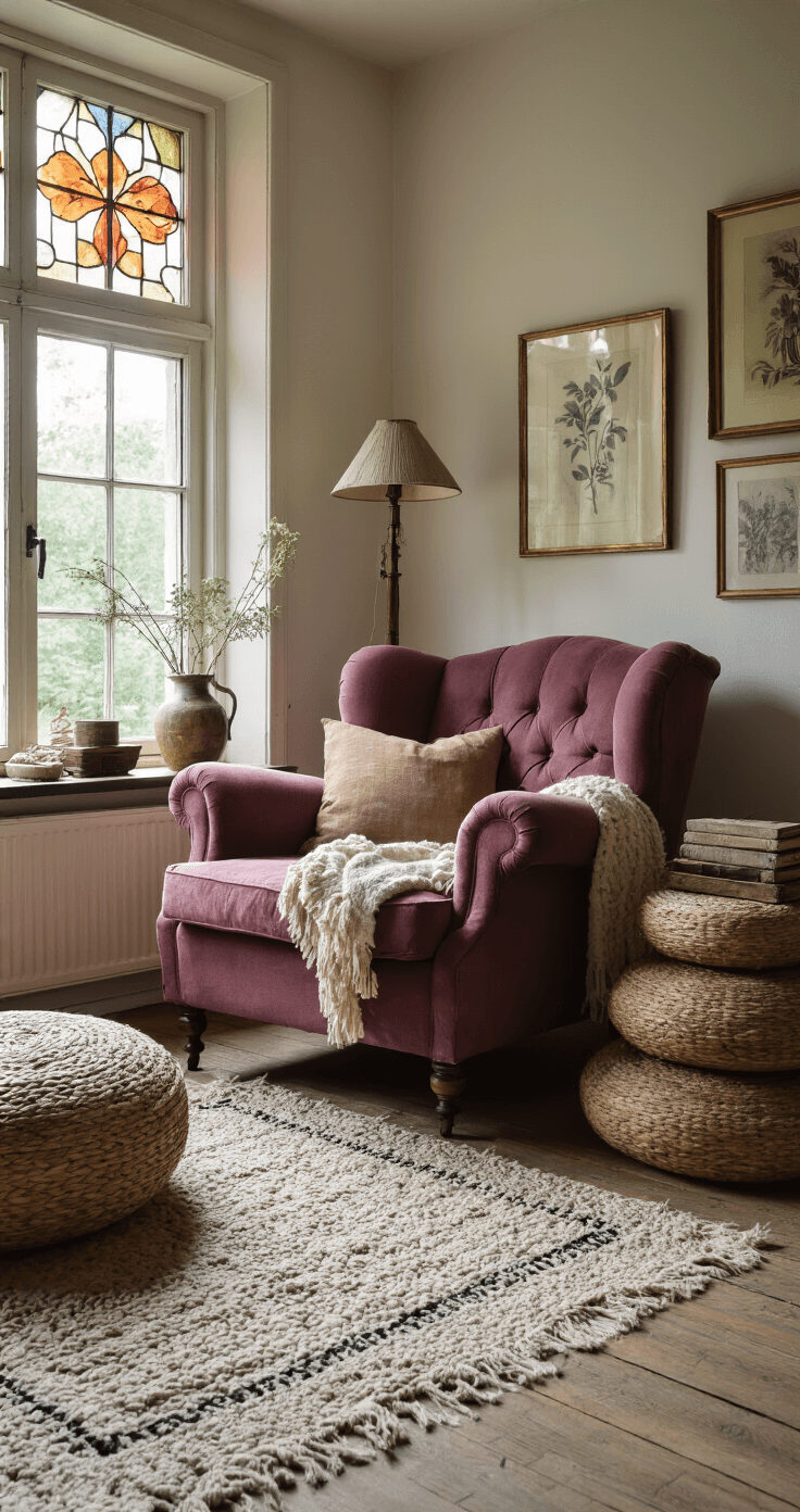 Intieme leeshoek met oversized fluwelen fauteuil in pruimenpaars, antieke messing vloerlamp, en een handgeknoopt Berber kleed. Vintage koffers als bijzettafel, botanische prints aan de muur, en een macramé wandhanger. Zachte natuurlijke belichting valt door het glas-in-lood raam.