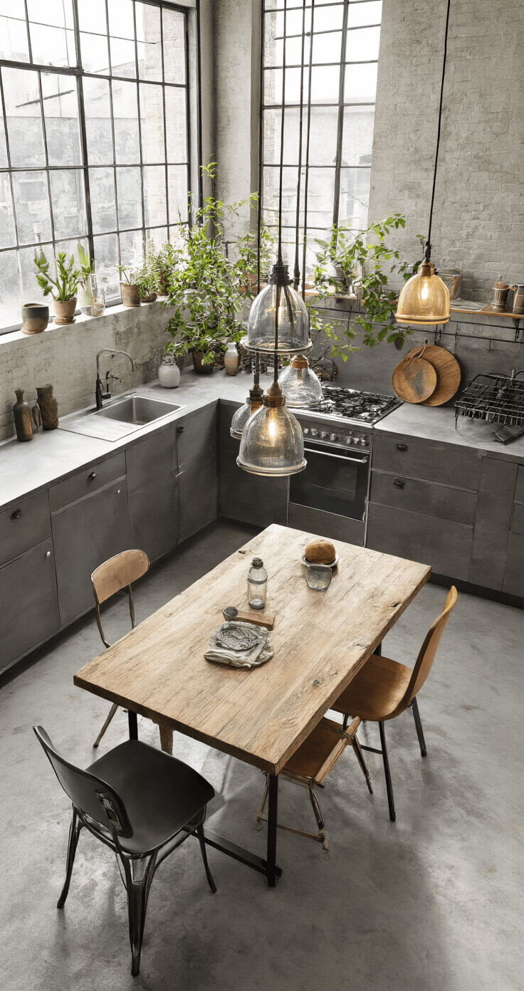 Moderne open woonkeuken met industriële elementen, inclusief betonnen vloeren, metalen roomdivider met klimplanten, robuuste eettafel van hergebruikt scheepshout en een mix van designstoelen. Hanglampen van gekleurd glas op verschillende hoogtes boven een marmeren werkblad met koperen kraan en zwarte stalen kozijnen, vastgelegd vanuit vogelperspectief voor dramatisch effect.