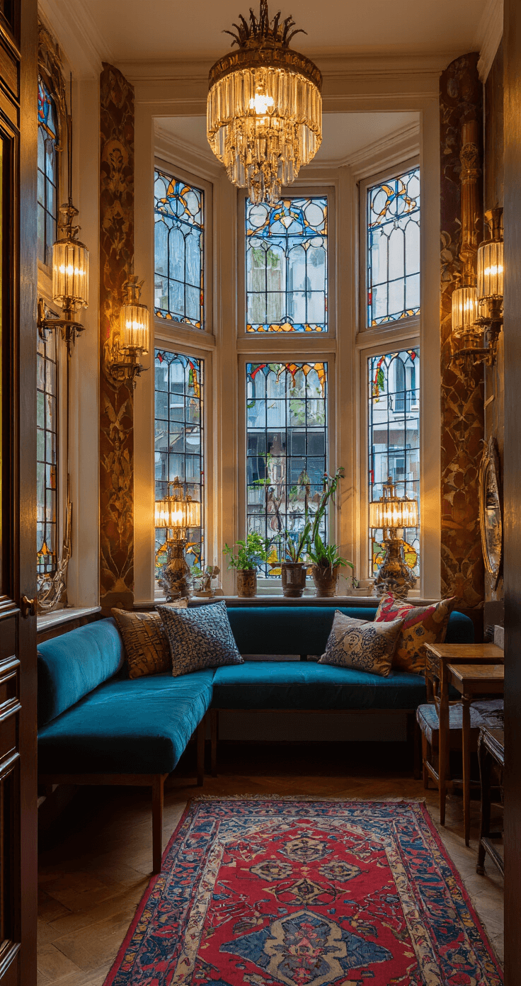 Authentieke jaren '30 erker met glas-in-lood, fluwelen banquette in petrolblauw en gestoffeerde kussens, Art Deco spiegels aan de wand, vintage kapstok, Oosters tapijt en kristallen kroonluchter, sfeervolle avondverlichting.