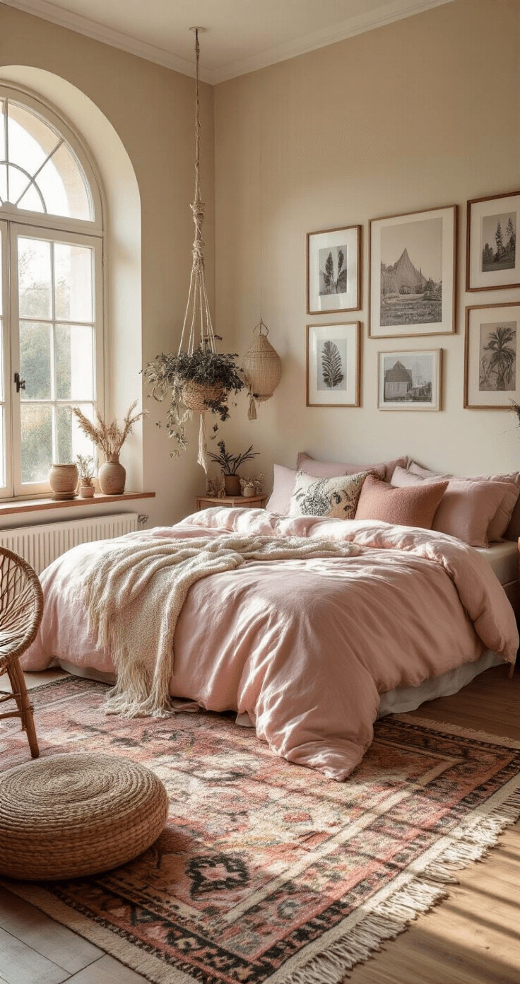 Bohemian slaapkamer met een kingsize bed in zachtroze linnen, sierkussens in aardtinten, een macramé hoofdbord, en een rotan hangstoel. De ruimte is gevuld met zwart-wit foto's, hangende planten en een Kelim tapijt in pasteltinten, gevangen in dromerig ochtendlicht met een zachte focus.