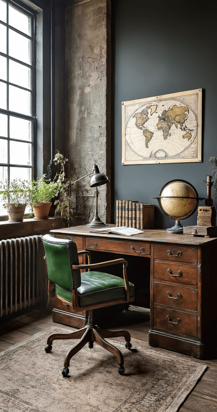 Een vintage werkplek met een antiek bureau in donker hout, een jaren '50 bureaustoel van groen leer, en een messing bureaulamp. De ruimte is verlicht door namiddaglicht dat door een industrieel raam valt, met een verzameling oude globes en botanische prenten. Een metalen archiefkast en een oude wereldkaart sieren de muur, alles in geschilderde details en dramatisch licht- en schaduwcontrast op ooghoogte.