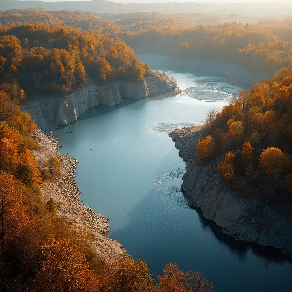 Aerial view of the ENCI quarry in Maastricht during fall, featuring white-blue limestone water amid autumn-colored trees, with dramatic landscape perspective and warm sunlight casting long shadows.