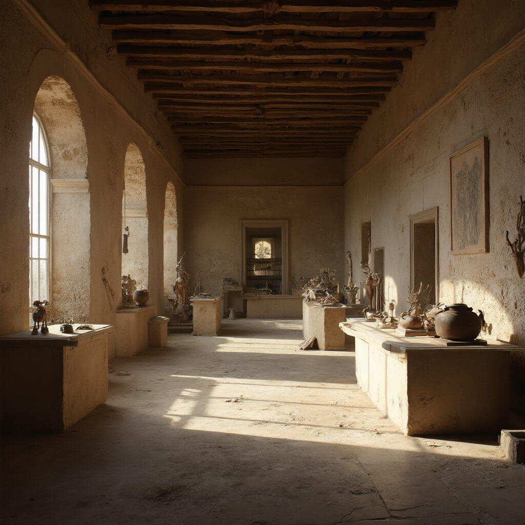 Dramatische binnenruimte van een oud Romeins museum met zorgvuldig weergegeven artefacten, zachte museumverlichting die de fijne details van archeologische objecten benadrukt, stenen en bronzen artefacten met precisie gerangschikt, archeologische tentoonstellingskasten in een realistische historische setting, lege museumruimte met dramatische schaduwen.