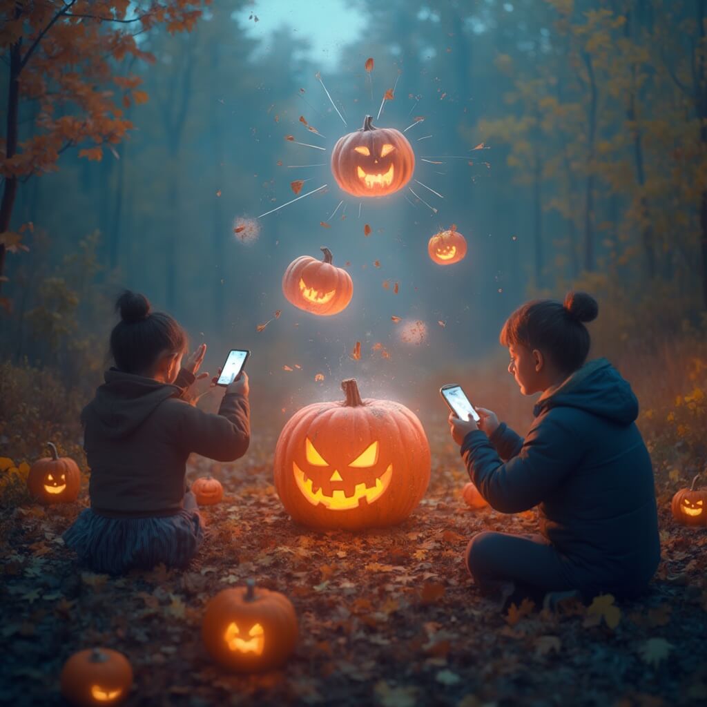 Augmented reality technologie scène met interactieve digitale pompoentransformatie, mensen van verschillende leeftijden gebruiken smartphone-apps op een buitenfestival, holografische pompoenontwerpen zweven in de lucht, herfstbos op de achtergrond, zachte technologische blauw- en oranje kleurenschema, hyper-realistische digitale weergave.