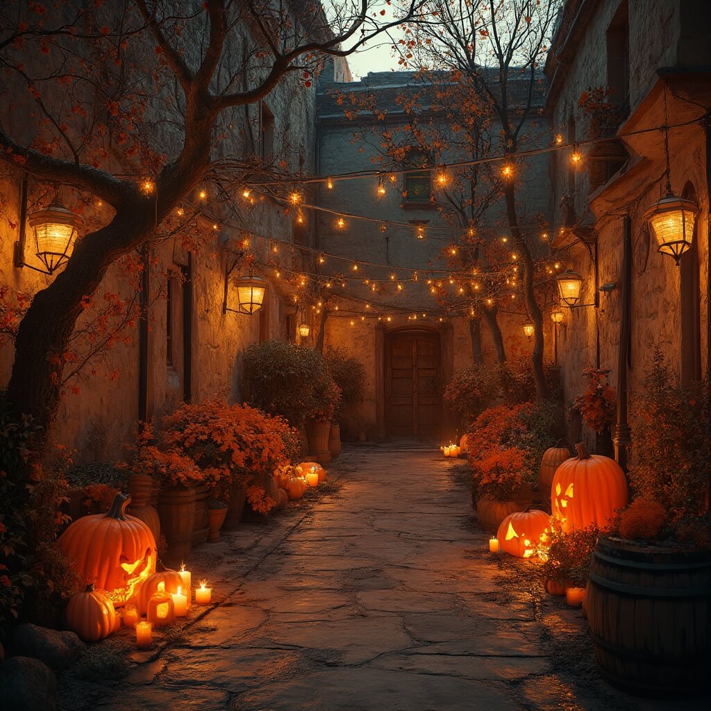 An intimate courtyard scene at dusk within castle walls, adorned with decorative lighting strung between trees, large carved pumpkins casting warm candlelight on pathways, autumn flowers, and vintage wooden barrels arranged for cozy seating, all bathed in deep orange and golden hour lighting.