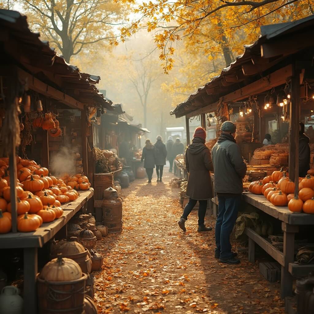 Een rustieke buitenboerenmarkt in de herfst, met houten kraampjes vol verse pompoenen, ambachtelijke kazen en stoomkopjes kruidenthee.