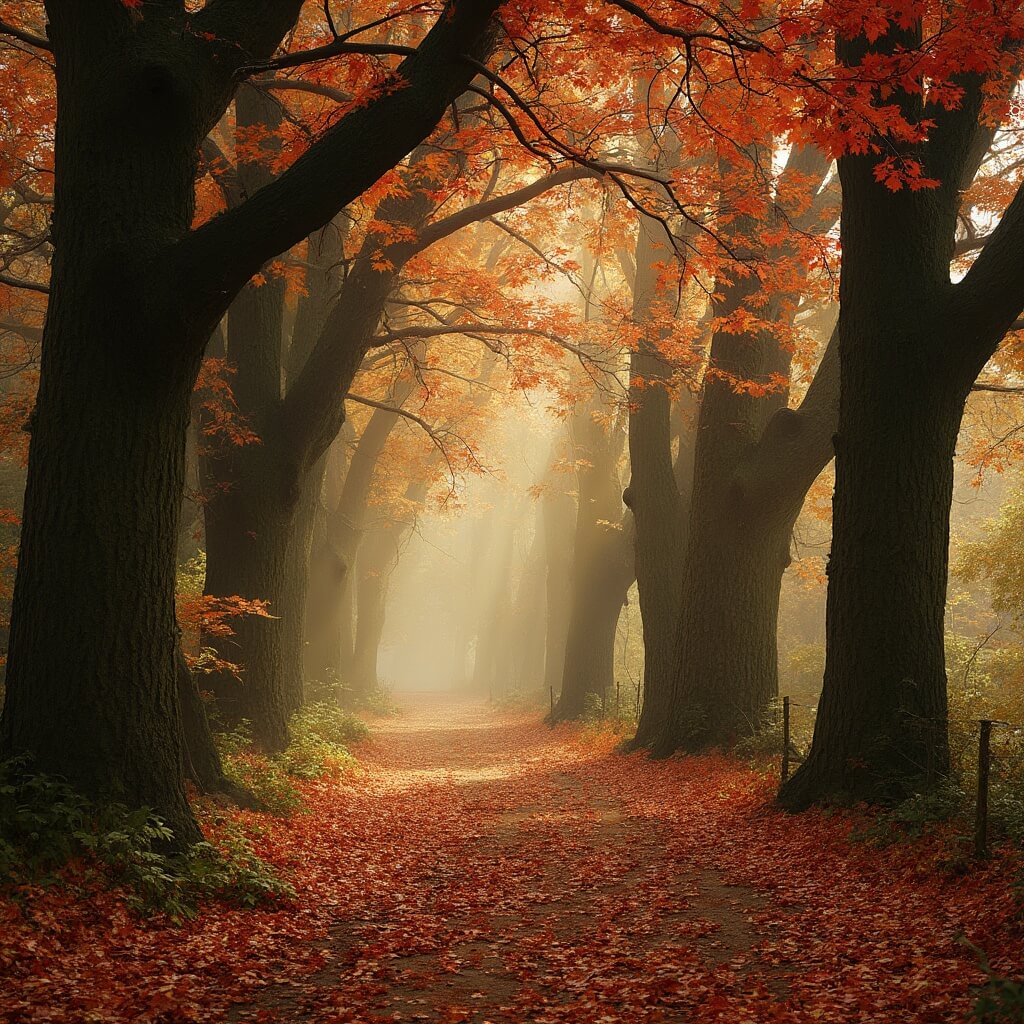 An enchanting forest path in Amelisweerd estate, framed by towering beech and oak trees adorned with vibrant fall foliage, where sunlight creates dappled patterns on a carpet of colorful autumn leaves and small mushrooms peek through the ground.