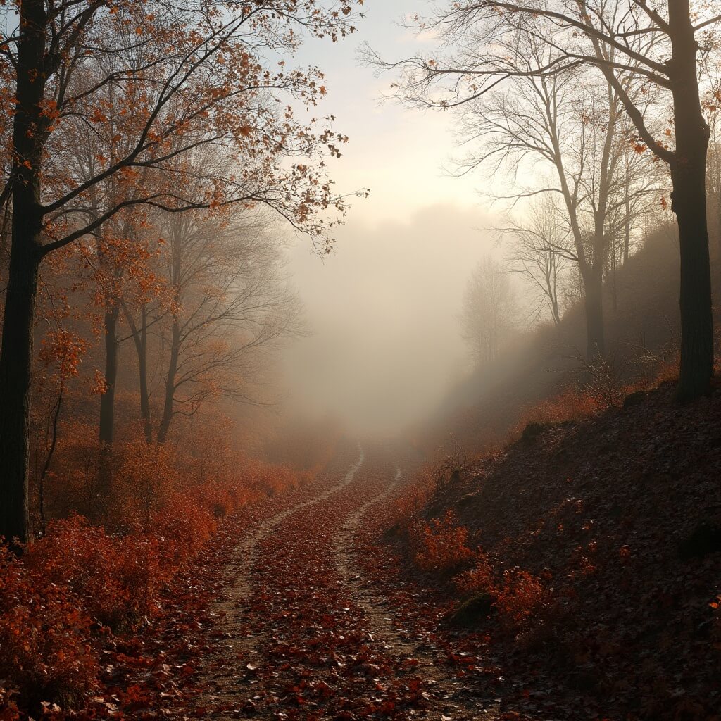 A misty autumn morning landscape on Zevenheuvelenweg in Nijmegen, showcasing rolling hills adorned with golden and red foliage, mysterious fog between the hills, and early sunlight illuminating winding paths covered in fallen leaves.