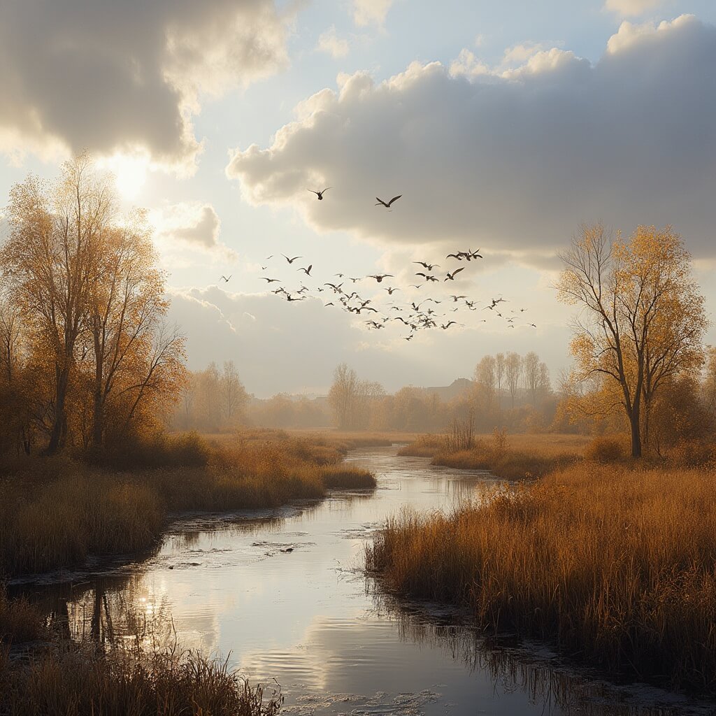 A scenic view of the Ooijpolder nature reserve in autumn, featuring a meandering river through vibrant wetlands, ancient pollard willows with golden leaves, wild geese flying in V-formation, and a dramatic cloudy sky.