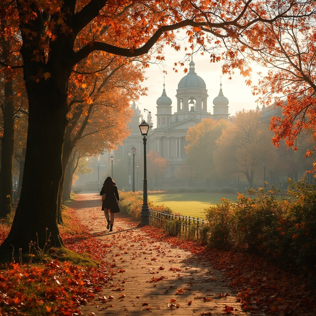 Herfstschoon in Utrecht met een wandelpad door een stadspark, omringd door gevallen bladeren en elegante historische architectuur op de achtergrond. Het gouden uurslicht filtert door bomen met rode en oranje bladeren, waardoor een rustige, natuurlijke scènes ontstaat.