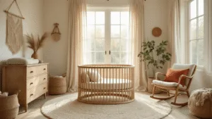Cinematische kinderopvanginrichting in zacht ochtendlicht met een rieten kinderbed, Berber vloerkleed, vintage houten commode en een zandkleurige schommelstoel, verfraaid met macramé en natuurlijke accenten.