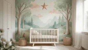 Etherele nursery met handgeschilderde bosmuur, zachte pastelkleuren, een witte houten wieg, en een houten ster mobiel, belicht door natuurlijk licht.