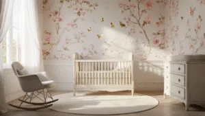 Cinematische foto van een luxueuze babykamer met zachte roze en champagnekleurige floral wallpapers, een vintage witte wieg op een romige ronde wollen vloerkleed, een lichtgrijze linnen schommelstoel in de hoek, een verweerde witte commode, en hangende parel- en gouden vlinders, allemaal verlicht door de gouden uurschijn.