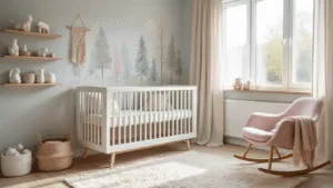 Dromerige Scandinavische kinderkamer met witte wieg tegen een zachte grijze muur, versierd met een delicate muurschildering van pastelkleurige bomen en dieren, gefilterd ochtendlicht door grote ramen, natuurlijk eiken vloer en een crèmekleurig vloerkleed.