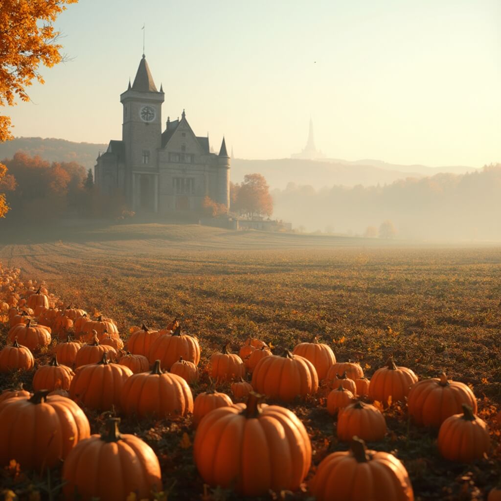 Fotorealistisch herfstlandschap met levendige oranje en gele pompoenen verspreid over een mistig landbouwveld nabij een historisch Nederlands kasteel, zacht ochtendlicht, gedetailleerde agrarische texturen, op de achtergrond rijen gewassen, hoge resolutie fotografie met scherpe details.