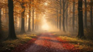 A misty autumn forest path in the Utrecht Hill Ridge, lined with majestic beech trees and scattered with golden and red leaves. Soft sunbeams illuminate wild mushrooms and chestnuts on the forest floor, while a group of fallow deer is visible in the distance. The scene is photorealistic, capturing the magical atmosphere of Dutch woodland in fall.