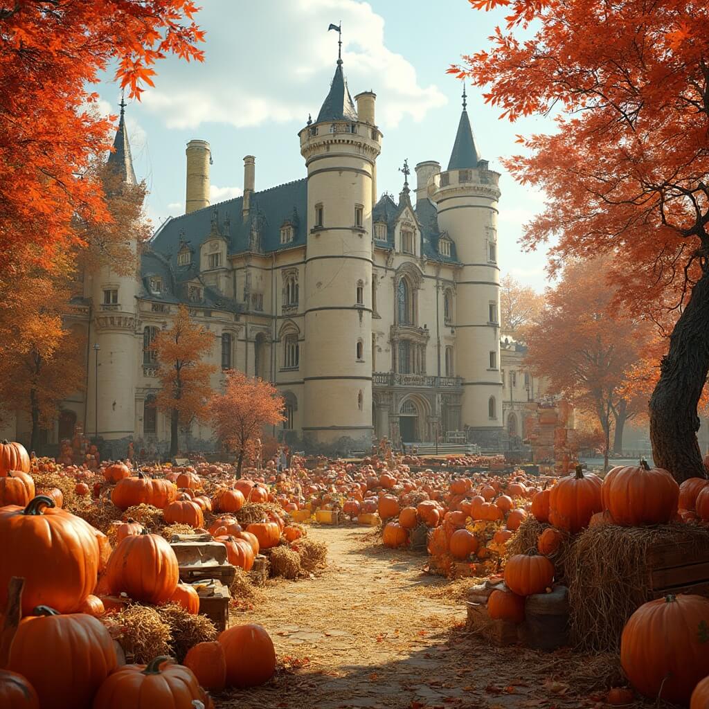 A 17th century Dutch castle with tall turrets and cream-colored walls, surrounded by vibrant autumn trees, with piles of orange and multicolored pumpkins on hay bales and wooden crates in the foreground, creating a festive atmosphere.