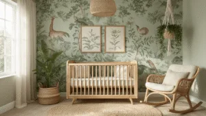 Cozy jungle-stijl kinderkamer met houten meubels, groene wanddecoratie en natuurlijk licht, ingericht met aardetinten en botanische elementen.
