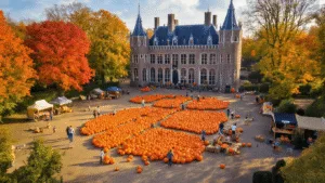 Aerial view of Kasteel Keukenhof in autumn, featuring orange pumpkins in the courtyard, surrounded by fall-colored trees and families engaged in pumpkin carving, with traditional Dutch food stalls and festive decorations.
