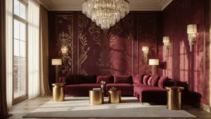 Cinematisch brede opname van een luxe woonkamer met dieprode zijden wandbekleding en een champagnekleurige fluwelen bank, verlicht door het gouden uur, met cruciale details zoals een kristallen kroonluchter en antieke wandlampen.