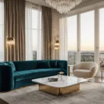 Luxe woonkamer in boutique hotel met diep petrolblauwe fluwelen hoekbank, champagnekleurige bouclé fauteuils en marmeren salontafel, verlicht door natuurlijke lichtinval en een kristallen kroonluchter.