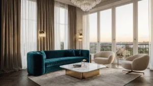 Luxe woonkamer in boutique hotel met diep petrolblauwe fluwelen hoekbank, champagnekleurige bouclé fauteuils en marmeren salontafel, verlicht door natuurlijke lichtinval en een kristallen kroonluchter.