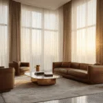 Fotorealistische weergave van een luxe woonkamer met vloerlange fluwelen gordijnen tijdens het gouden uur, met natuurlijke verlichting die door sheer lagen filtert, cognac leren bank, vintage koperen accenten en marmeren vloeren.