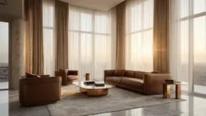 Fotorealistische weergave van een luxe woonkamer met vloerlange fluwelen gordijnen tijdens het gouden uur, met natuurlijke verlichting die door sheer lagen filtert, cognac leren bank, vintage koperen accenten en marmeren vloeren.