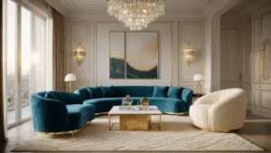 Cinematisch interieurshot van een luxe woonkamer in petrolblauw met een gebogen fluwelen bank, gouden accenten, en marmeren salontafel, verlicht door de gouden uurlampen.