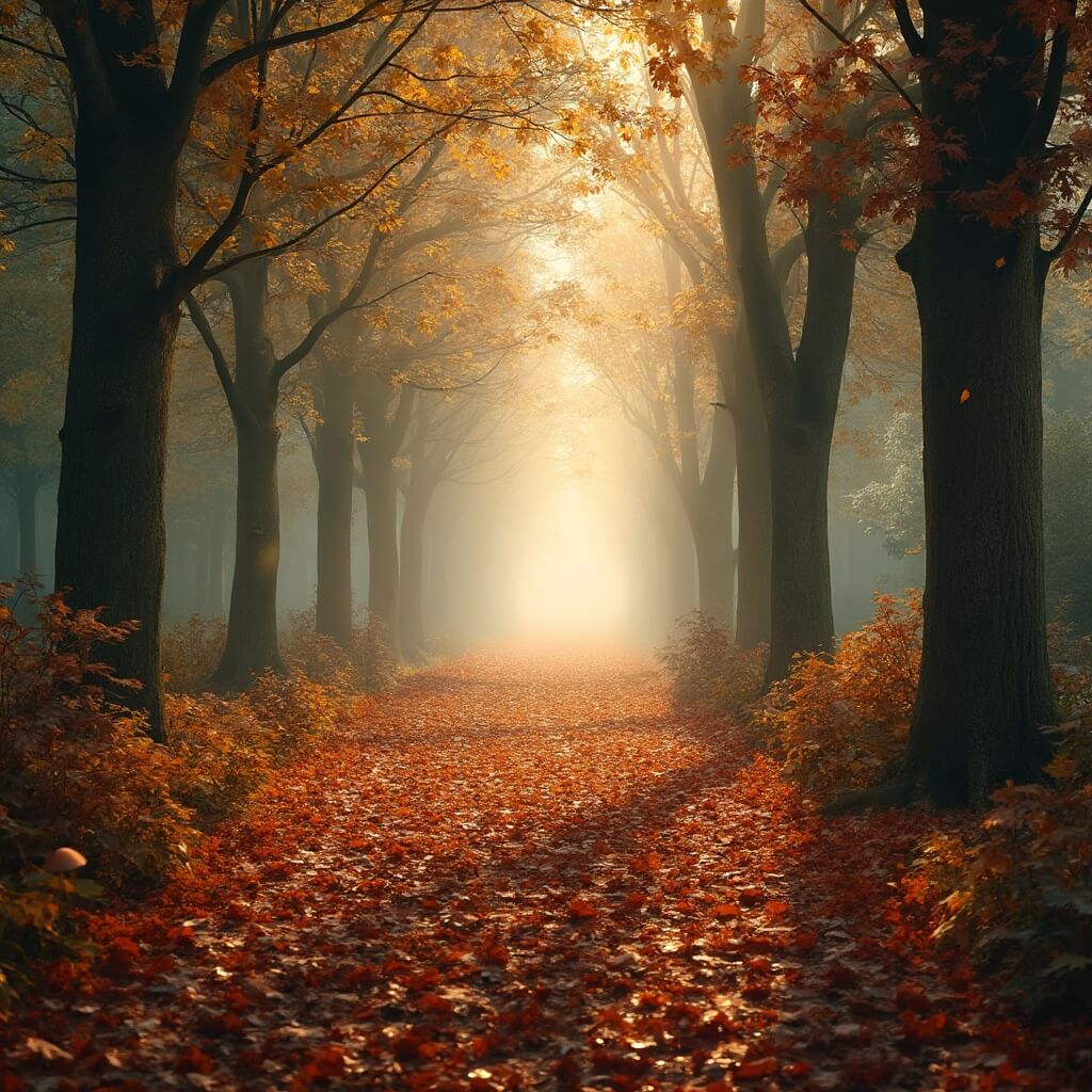 A photorealistic depiction of a magical autumn forest path in Wandelbos Tilburg, with a dense layer of orange, brown, and red leaves on the ground, towering deciduous trees overhead, soft light filtering through the canopy, scattered mushrooms emerging from the leaf litter, and morning mist creating a mystical ambiance.
