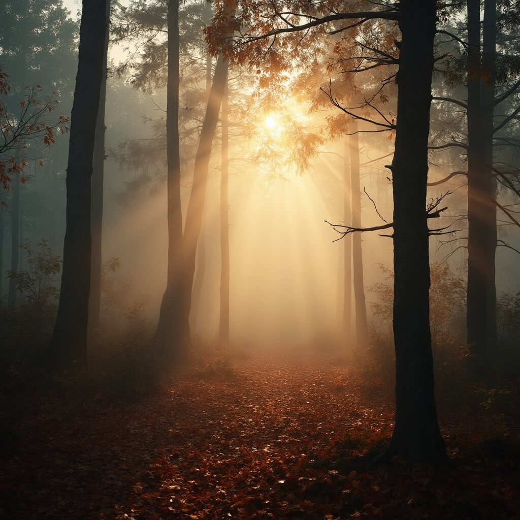 Misty autumn forest landscape at sunrise with soft golden light filtering through tall pine and oak trees, dense fog drifting between trunks, and fallen leaves in warm orange and brown tones covering the forest floor.