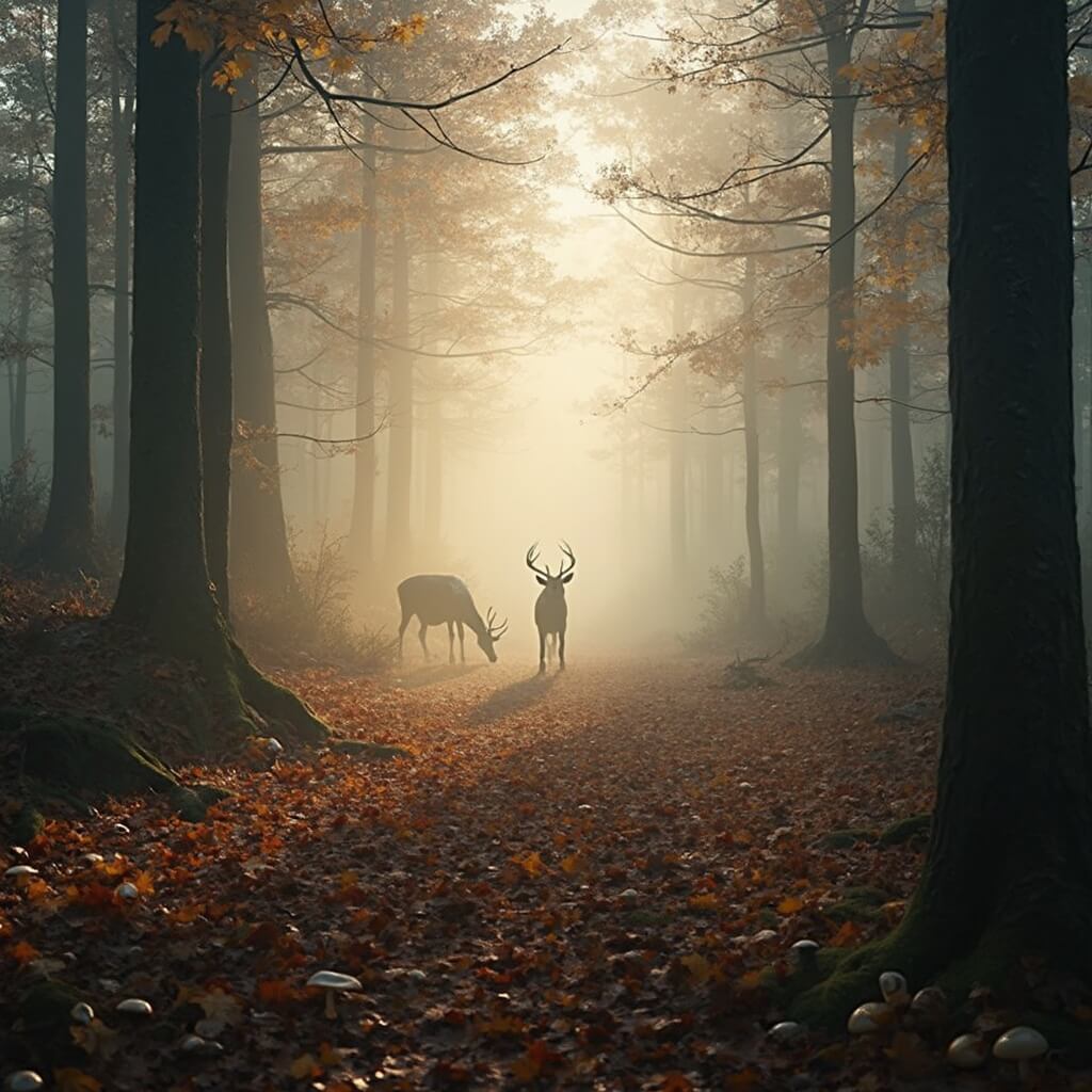 Een mistig herfstboslandschap in de Veluwe bij zonsopgang, met gouden-bruin bladeren op de grond, zacht ochtendlicht dat door dichte bomen filtert, silhouetten van herten haast niet zichtbaar op de achtergrond, de bodem bedekt met diverse wilde paddenstoelen, laaghangende mist die een mysterieuze sfeer creëert, fotorealistische natuurfotografie stijl.