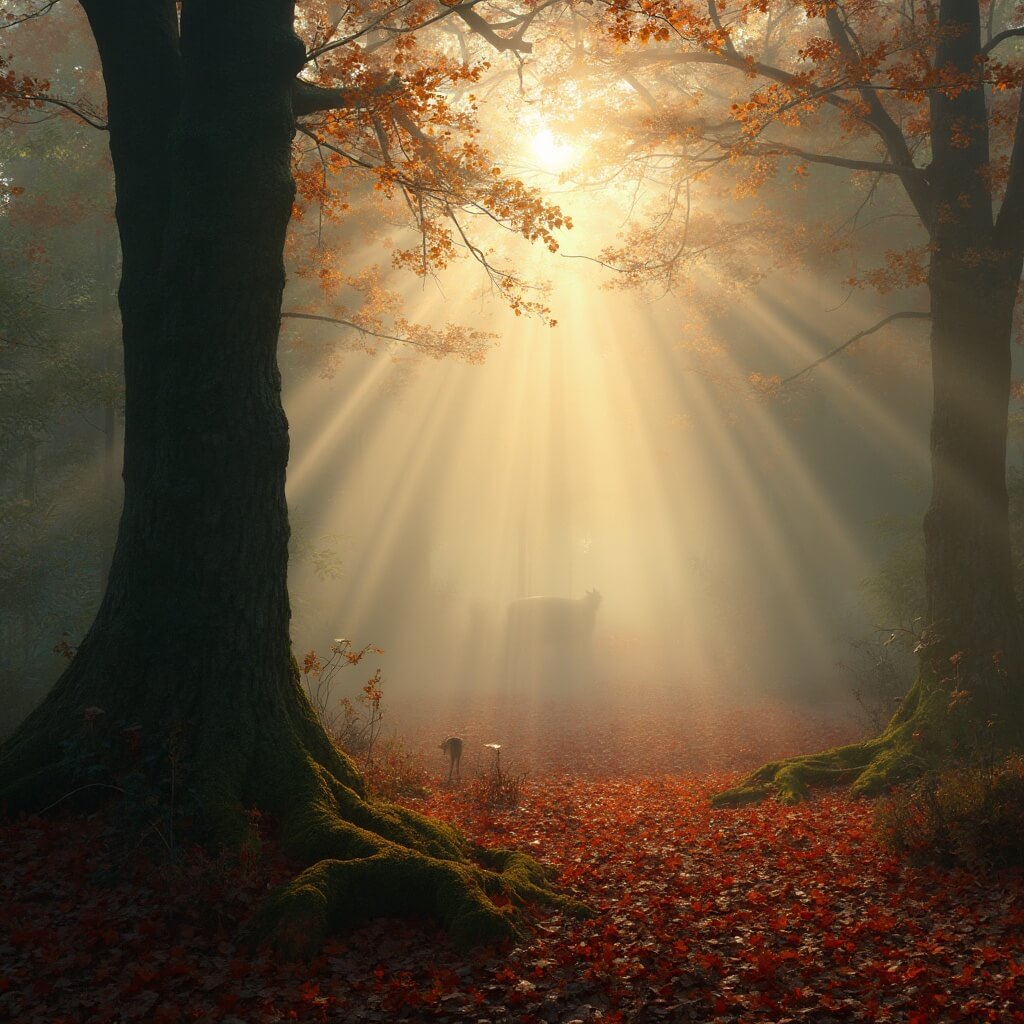 Misty autumn morning in a Dutch forest with golden sunbeams illuminating ancient beech trees, red and orange leaves covering the ground, a small group of deer visible through fog, and wild mushrooms and moss in the foreground.