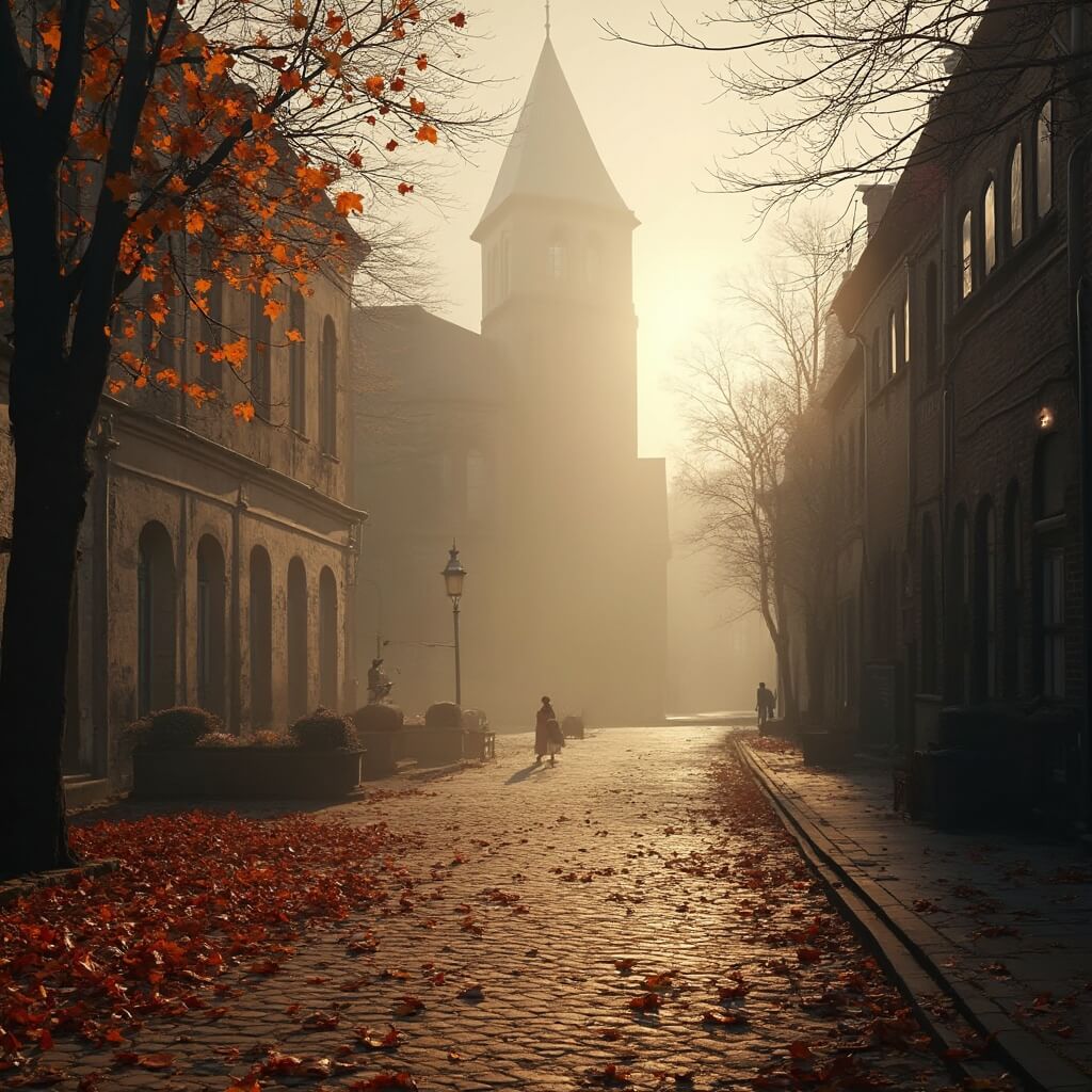 A misty autumn morning in Maastricht featuring the historic Sint Servaasbasiliek cathedral, with orange and red leaves on cobblestone streets and soft morning light filtering through bare tree branches, highlighting warm golden tones of historic buildings.