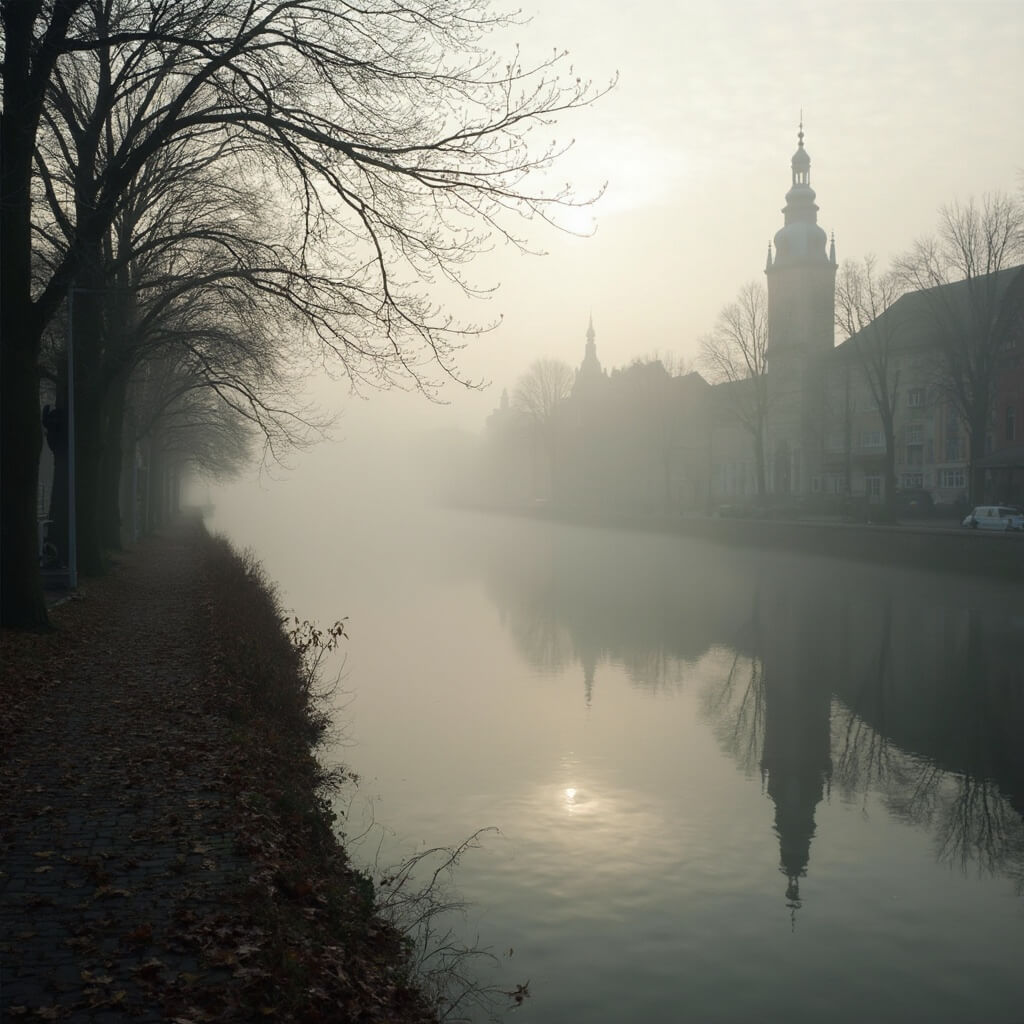 Stille, mistige ochtendlangs de Maas in Maastricht, met zachte herfstverlichting die door de lage mist filtert. Oude stadsarchitectuur is gedeeltelijk zichtbaar op de achtergrond, terwijl het water grijze en bruine tinten reflecteert, met gevallen bladeren die op het rivieroppervlak drijven.