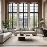Cinematic wide-angle view of interconnected Dutch interior spaces featuring a Scandinavian minimalist living room, industrial-luxe home office, rustic farmhouse kitchen, and earthy-toned bedroom, all bathed in soft natural daylight highlighting photorealistic textures and a muted color palette.