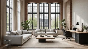 Cinematic wide-angle view of interconnected Dutch interior spaces featuring a Scandinavian minimalist living room, industrial-luxe home office, rustic farmhouse kitchen, and earthy-toned bedroom, all bathed in soft natural daylight highlighting photorealistic textures and a muted color palette.