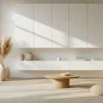 Hyperrealistische foto van een minimalistische Scandinavische woonkamer met een uitgebreide witte wandmeubel, natuurlijke eiken accenten en middagzonlicht dat door vloer-tot-plafondramen stroomt, zorgvuldig samengestelde decoratieve objecten in een beige en witte kleurenschema.
