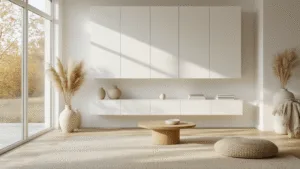 Hyperrealistische foto van een minimalistische Scandinavische woonkamer met een uitgebreide witte wandmeubel, natuurlijke eiken accenten en middagzonlicht dat door vloer-tot-plafondramen stroomt, zorgvuldig samengestelde decoratieve objecten in een beige en witte kleurenschema.
